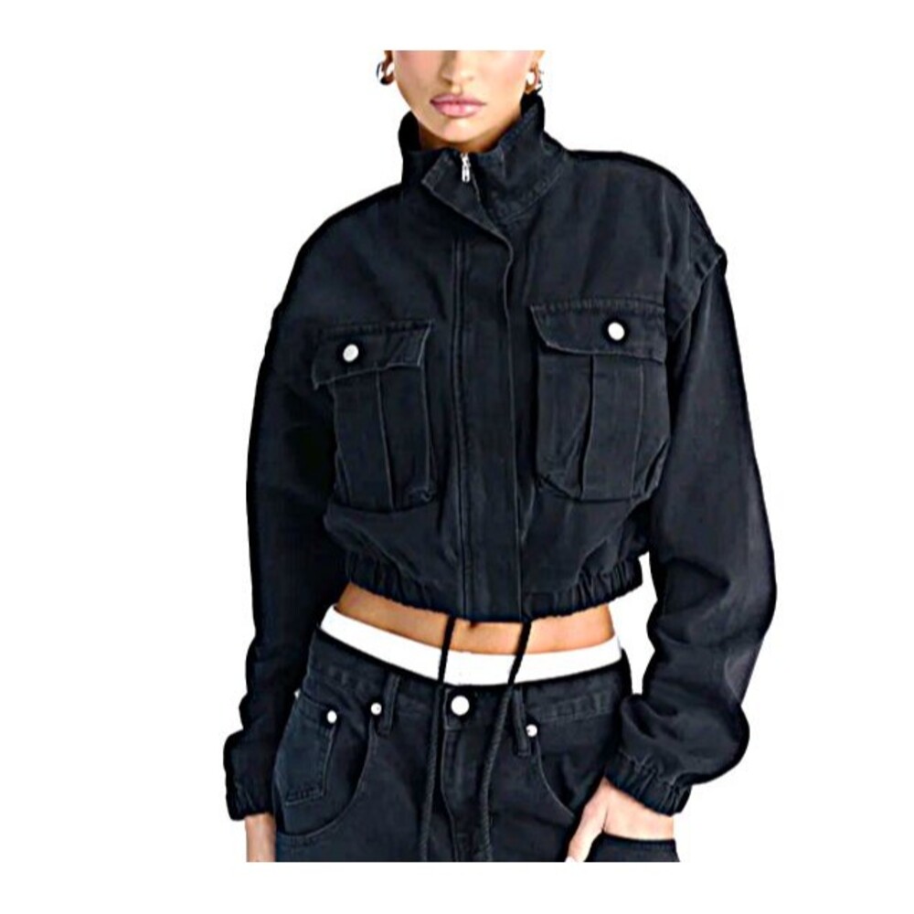Fashion Nova Living on Edge Cropped Black Denim Bomber Jacket XS Full Zip